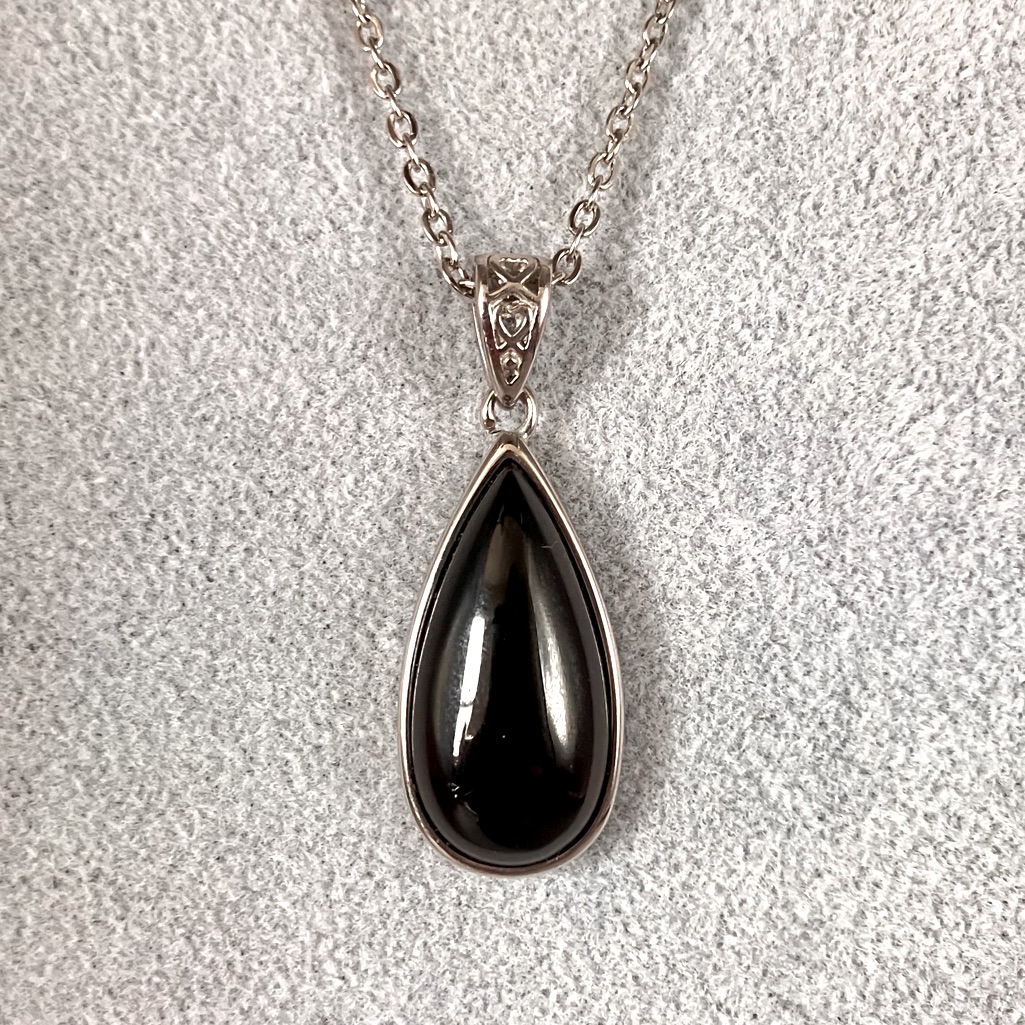 Large Smoky Quartz Teardrop Pendant Necklace In Stainless Steel